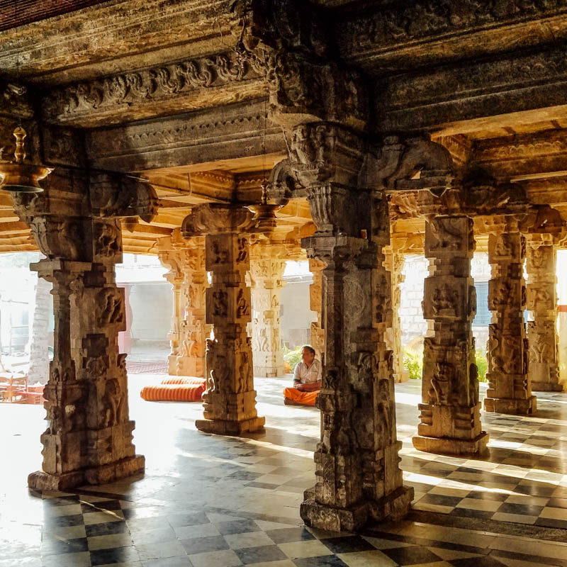 Morning silence, Ornate Vijayanagara style open mantapa (hall),